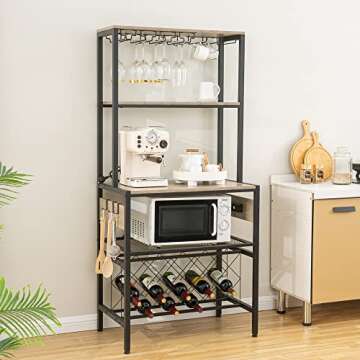 SUNTAGE Kitchen Baker's Rack with 4 Power Outlets, Freestanding Wine Bar Cabinet, Coffee Bar Table, Microwave Stand with Hooks, Glass Holders, Kitchen Storage Rack Gray Oak