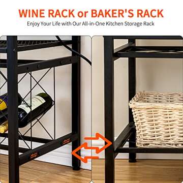 SUNTAGE Kitchen Baker's Rack with 4 Power Outlets, Freestanding Wine Bar Cabinet, Coffee Bar Table, Microwave Stand with Hooks, Glass Holders, Kitchen Storage Rack Gray Oak