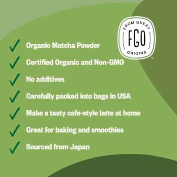 FGO Organic Matcha Green Tea Powder, Japanese Culinary Grade for Cooking, Baking, and Smoothies, 4 Ounce Resealable Bag, Packaging May Vary (Pack of 1)