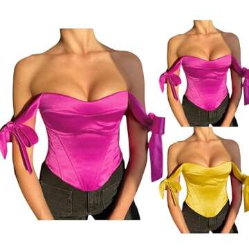 Hi Aesthetics Women's Satin Off Shoulder Bustier TopsSexy Bow Tie Strap Sleeveless Boned Corset Tops Club Party Bustier Tops (Yellow , S )