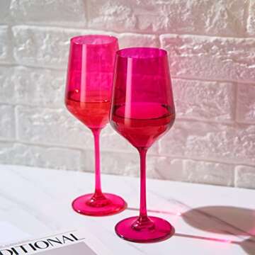 Hot Pink Wine Glasses | Set of 2 | Magenta & Blush Pink Classic Crystal Glassware, Unique Barware Glasses For Red and White, Cocktails, Champagne, Wine - Unique Gift For Wine Lovers (12 OZ)