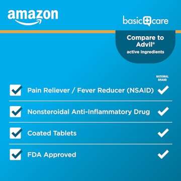 Amazon Basic Care Ibuprofen Tablets, Fever Reducer and Pain Relief from Body Aches, Headache, Arthritis and More, Brown, 200 Count (Packaging may vary)