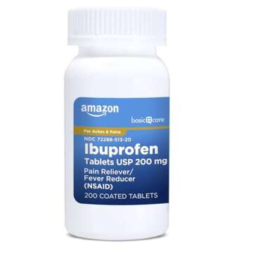 Amazon Basic Care Ibuprofen Tablets, Fever Reducer and Pain Relief from Body Aches, Headache, Arthritis and More, Brown, 200 Count (Packaging may vary)