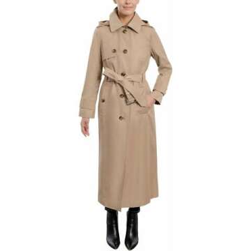 LONDON FOG Women's Single Breasted Long Trench Coat with Epaulettes and Belt