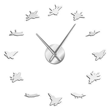 The Geeky Days 12 War Plane Military Wall Art Aircraft Decor Stickers Battle Planes Airplanes DIY Giant Wall Clock Aviation Large Clock Watch(Silver)