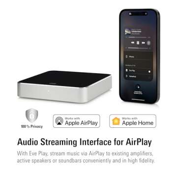 Eve Play – Audio Streaming Interface for AirPlay, Upgrade to AirPlay audio streaming, Latency compensation, digital-to-analog converter, Three audio outputs, Apple Home, Ethernet, 2.4/5 GHz Wi-Fi