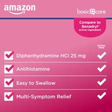 Amazon Basic Care Complete Allergy Relief, Diphenhydramine HCl 25 mg, Relieves Symptoms, Antihistamine Tablets, 400 Count