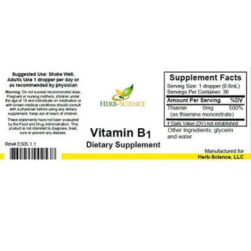 Herb-Science Liquid Vitamin B1 Drops - Daily Thiamine Supplement to Support Digestion, Nervous System, Heart Health, Stress Relief, Natural Energy Booster - 500% DV, 36 Servings per Bottle - 1 fl. oz.