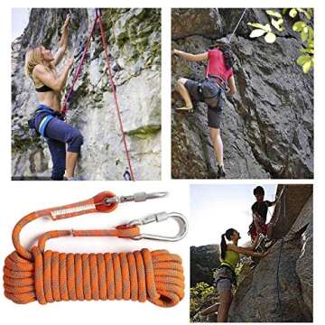 GINEE 10mm Static Rock Climbing Ropes 35FT Outdoor Safety Rope with Carabiner Magnet Fishing Rope Orange Arborist Tree Climb Rescue Grappling Lifeline Escape Descender Abseiling Rope