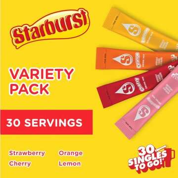 Starburst Singles to Go Variety Pack, Watertok Powdered Drink Mix, Includes 4 Flavors, Strawberry, Cherry, Orange And Lemon 1 Box (30 Servings)