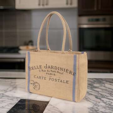 KAF Home Jute Market Tote Bag, Belle Jardiniere Print, Durable Handle, Reinforced Bottom and Interior Zipper Pocket