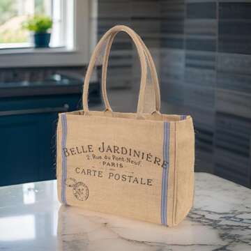 KAF Home Jute Market Tote Bag, Belle Jardiniere Print, Durable Handle, Reinforced Bottom and Interior Zipper Pocket