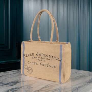 KAF Home Jute Market Tote Bag, Belle Jardiniere Print, Durable Handle, Reinforced Bottom and Interior Zipper Pocket