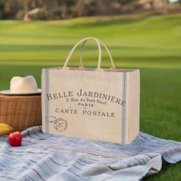 KAF Home Jute Market Tote Bag, Belle Jardiniere Print, Durable Handle, Reinforced Bottom and Interior Zipper Pocket