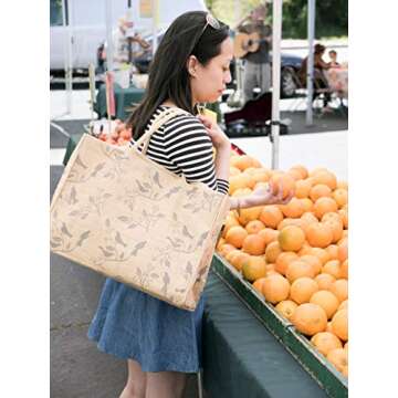 KAF Home Jute Market Tote Bag, Belle Jardiniere Print, Durable Handle, Reinforced Bottom and Interior Zipper Pocket