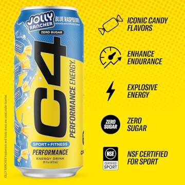 Cellucor C4 Performance Energy Drink | JOLLY RANCHER Blue Raspberry | Zero Sugar Carbonated Preworkout Energy | 200mg Caffeine with Beta Alanine | 16 Fl Oz (12 Pack)