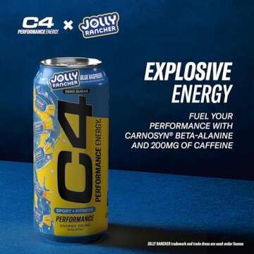 Cellucor C4 Performance Energy Drink | JOLLY RANCHER Blue Raspberry | Zero Sugar Carbonated Preworkout Energy | 200mg Caffeine with Beta Alanine | 16 Fl Oz (12 Pack)