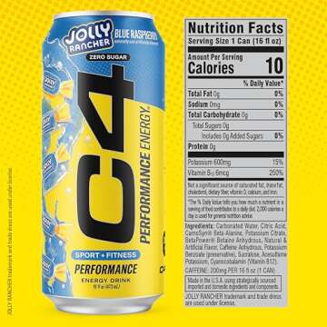 Cellucor C4 Performance Energy Drink | JOLLY RANCHER Blue Raspberry | Zero Sugar Carbonated Preworkout Energy | 200mg Caffeine with Beta Alanine | 16 Fl Oz (12 Pack)