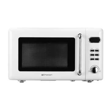 Emerson MWR7020W Compact Countertop Microwave Oven with Button Control, LED Display, 700W 5 Power Levels, 8 Auto Menus, Glass Turntable and Child Safe Lock, 0.7, Retro White