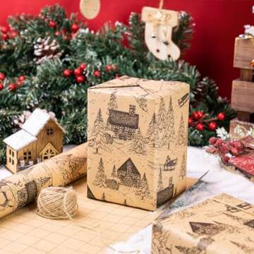 RUSPEPA Christmas Wrapping Paper, Jumbo Roll Kraft Paper - Christmas Landscape Design for Holiday Gift Wrap - 30 Inches x 100 Feet