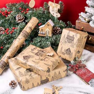 RUSPEPA Christmas Wrapping Paper, Jumbo Roll Kraft Paper - Christmas Landscape Design for Holiday Gift Wrap - 30 Inches x 100 Feet