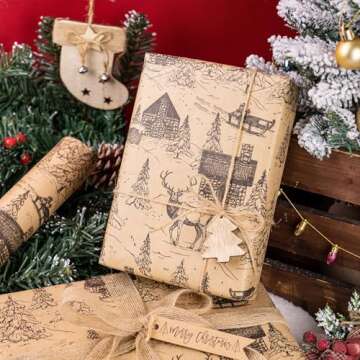 RUSPEPA Christmas Wrapping Paper, Jumbo Roll Kraft Paper - Christmas Landscape Design for Holiday Gift Wrap - 30 Inches x 100 Feet