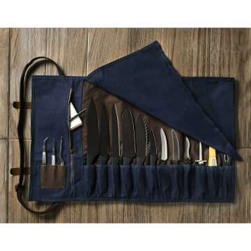 Asaya Waxed Canvas Knife Roll - 15 Knife Slots, Card Holder and Large Zippered Pocket - Genuine Leather, Cloth and Brass Buckles - for Chefs and Culinary Students - Knives Not Included