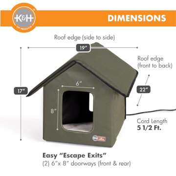 K&H Heated Cat House for Outside Cat in Winter with Heating Cat Pad Bed Weatherproof Outdoor Large Cat House for Stray Feral Cats, Safety Listed Insulated Kitty House with Escape Doors - Olive/Olive