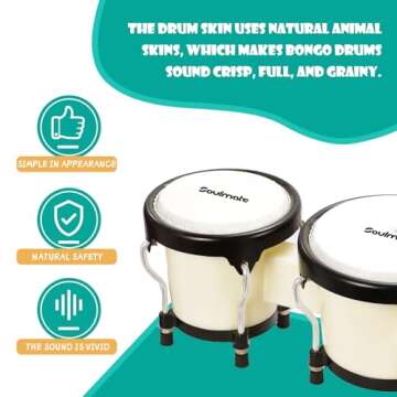 Soulmate Bongo Drum 4” and 5” Set for Kids Adults Beginners,Percussion Bongos Drum With Tuning Wrench (White)