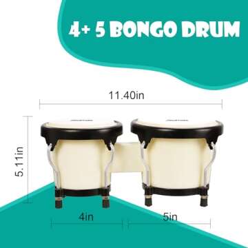 Soulmate Bongo Drum 4” and 5” Set for Kids Adults Beginners,Percussion Bongos Drum With Tuning Wrench (White)