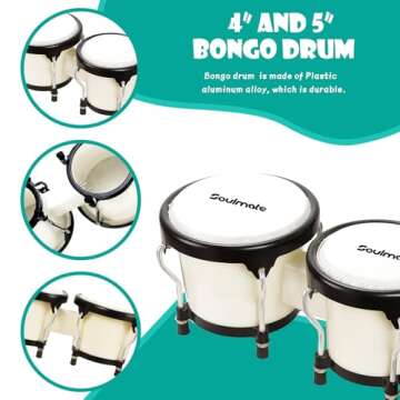 Soulmate Bongo Drum 4” and 5” Set for Kids Adults Beginners,Percussion Bongos Drum With Tuning Wrench (White)