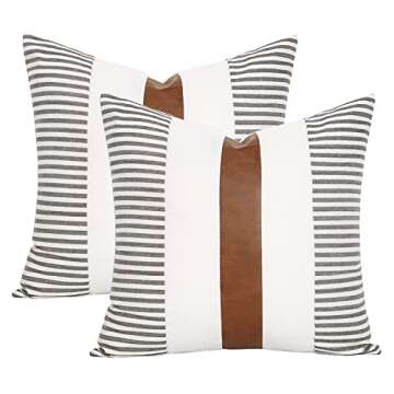 JASEN Set of 2 Farmhouse Stripe Patchwork Linen Throw Pillow Covers, Brown Faux Leather Modern Decorative Pillow Covers for Sofa Bedroom Living Room 18x18 inch (Grey, 18"x18")