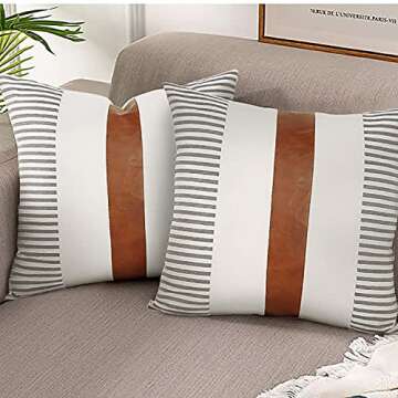 JASEN Set of 2 Farmhouse Stripe Patchwork Linen Throw Pillow Covers, Brown Faux Leather Modern Decorative Pillow Covers for Sofa Bedroom Living Room 18x18 inch (Grey, 18"x18")