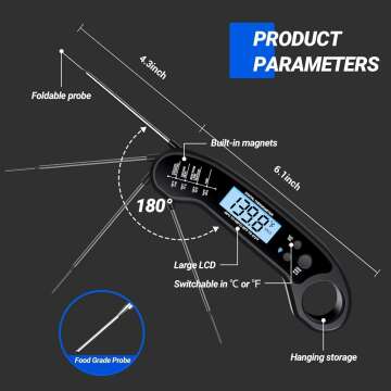 Digital Meat Thermometer for Cooking, Wireless, Instant Read, Waterproof, Backlight, Ultra-Fast Accurate & 180°Foldaway Probe, Idea for Turkey/Grilling (Blue)