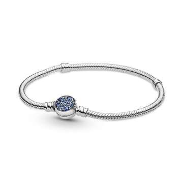 PANDORA Moments Sparkling Blue Disc Clasp Snake Chain Bracelet - Features the Iconic Snake Chain - Charm Bracelet for Women - Sterling Silver with Sparkling Blue Crystal - 7.1", No Gift Box