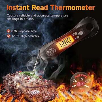 Digital Instant Read Meat Thermometer - Foldable Probe, LED Display for Kitchen & BBQ