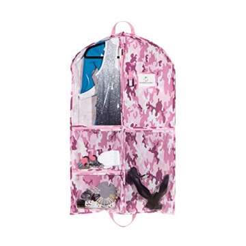 Waterproof Hanging Garment Bag 40 inch Clothes Bag with Gusset, 5 Pockets & Side Zip for Dance Costumes, Cheer, Skating, Theatre, Beauty Pageants & More by Kendall Country, Camo Pink