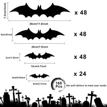 168Pcs Halloween Bats Decorations 3D Bat Wall Stickers Decor 4 Big Sizes Spooky Waterproof Plastic Black Bat Decals for Home Room Halloween Party Supplies Window Indoor