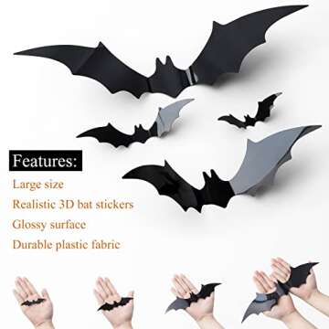 168Pcs Halloween Bats Decorations 3D Bat Wall Stickers Decor 4 Big Sizes Spooky Waterproof Plastic Black Bat Decals for Home Room Halloween Party Supplies Window Indoor