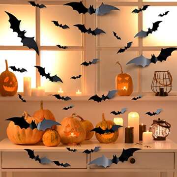 168Pcs Halloween Bats Decorations 3D Bat Wall Stickers Decor 4 Big Sizes Spooky Waterproof Plastic Black Bat Decals for Home Room Halloween Party Supplies Window Indoor