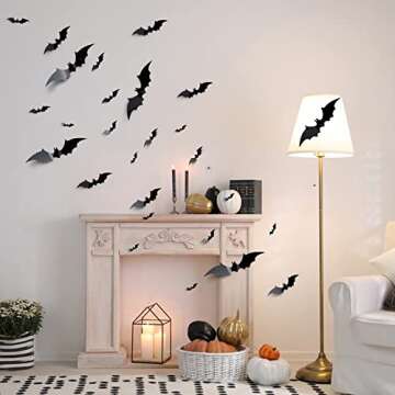 168Pcs Halloween Bats Decorations 3D Bat Wall Stickers Decor 4 Big Sizes Spooky Waterproof Plastic Black Bat Decals for Home Room Halloween Party Supplies Window Indoor