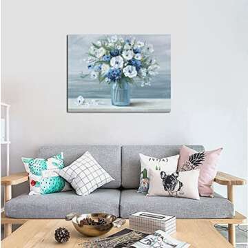 arteWOODS Vintage Flowers Canvas Wall Art Blue White Blossom Canvas Painting Retro Flowers in Vase Canvas Pictures Blue Ocean Background Artwork Prints for Bathroom Bedroom Wall Decor 16" X 12"