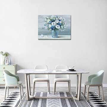 arteWOODS Vintage Flowers Canvas Wall Art Blue White Blossom Canvas Painting Retro Flowers in Vase Canvas Pictures Blue Ocean Background Artwork Prints for Bathroom Bedroom Wall Decor 16" X 12"