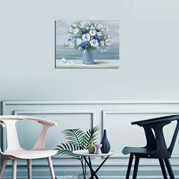 arteWOODS Vintage Flowers Canvas Wall Art Blue White Blossom Canvas Painting Retro Flowers in Vase Canvas Pictures Blue Ocean Background Artwork Prints for Bathroom Bedroom Wall Decor 16" X 12"