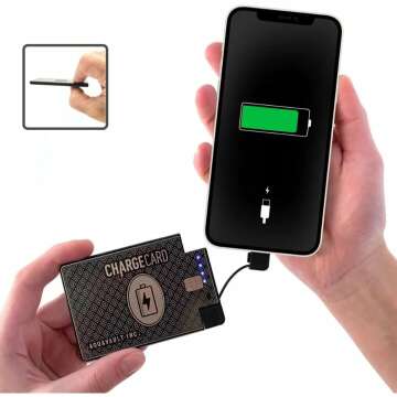 ChargeCard. Ultra-Thin Credit Card Sized Portable Charger & Battery Bank. (2300mAh/ 1.5A Fast Charge). External Battery Phone Charger that has Interchangeable Cables (Lightning, USB-C, Micro USB)