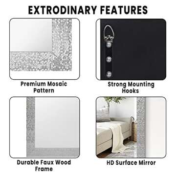 Naomi Home Mosaic Full Length Mirror – 66" L x 32" W Large Decorative Wall Mirror with Faux Wood Frame Tall Full Body Floor Mirror in Elegant Silver for Bedroom and Living Room