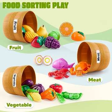 JOYIN Learning Toys Play Food Set for Toddlers, Cutting Food for Preschool Activities, Pretend Play Kitchen Accessories for Kids, Color Sorting Set for Boys & Girls, Daycare Educational Toy