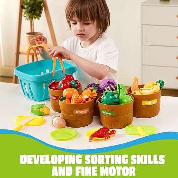 JOYIN Learning Toys Play Food Set for Toddlers, Cutting Food for Preschool Activities, Pretend Play Kitchen Accessories for Kids, Color Sorting Set for Boys & Girls, Daycare Educational Toy