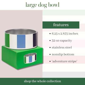 kate spade new york Dog Dish for Food and Water, Stainless Steel Bowl with Non-Slip Base, 4 Cup (32oz) Capacity, Large Pet Food Bowl or Water Dish for Dogs, Adventure Stripe