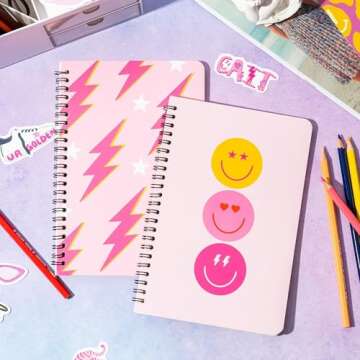 L1rabe 2 A5 Preppy Spiral Notebooks for Teens Girls Valentine's Day Back to School Y2K Hardbound Journal for College Student Happy Smile Hardcover Notebooks, Pink Notepad Diary for School Supplies